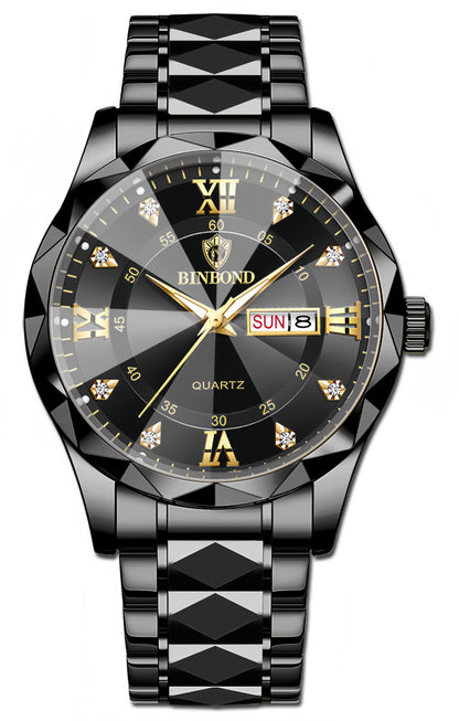 HOTGosasa Luxury Men's and Women's Business Diamond Stainless Steel Waterproof Roman Numeral Analog Quartz Watch with Day-Date Calendar, Gold and Silver Tone