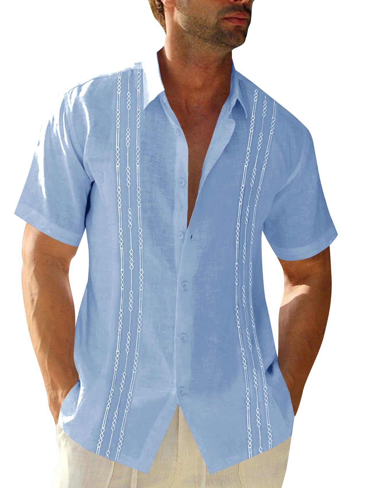 HOTRuncati Mens Short Sleeve Guayabera Shirts Linen Button Down Cuban Shirt | Cotton blend, Mexican style, Button up, Embroidered, Loose fit, Barong tagalog, Bowling shirts, for Summer Beach, Wedding