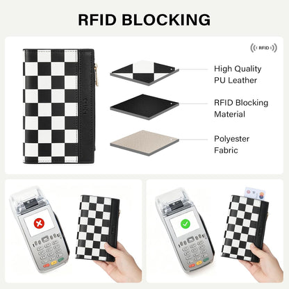 HOTCLUCI Small Wallet for Women PU Leather RFID Blocking Designer Bifold Ladies Card Holder Checkerboard
