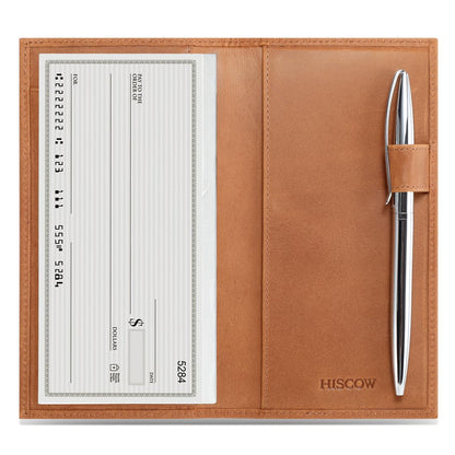 HOTHISCOW Leather Checkbook Cover for Duplicate Checks with Pen Holder | Full grain cowhide, personal check book & register pockets, removable vinyl divider, durable stitching, gifts for women men