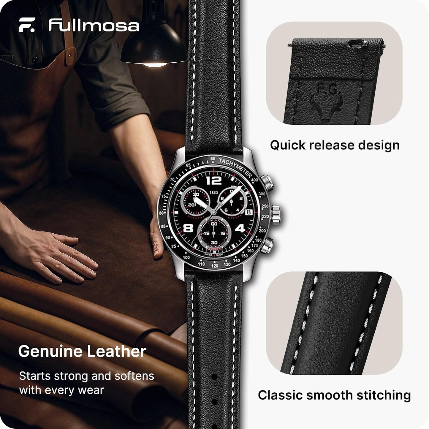 HOTFullmosa 12/14/16/18/19/20/21/22/24mm Quick Release Leather Watch Band | Strap for Garmin Vivoactive 4 45mm,Garmin Venu 4(45mm)/Venu 3/Venu 2,Samsung Galaxy Women Men, Black&Silver Buckle
