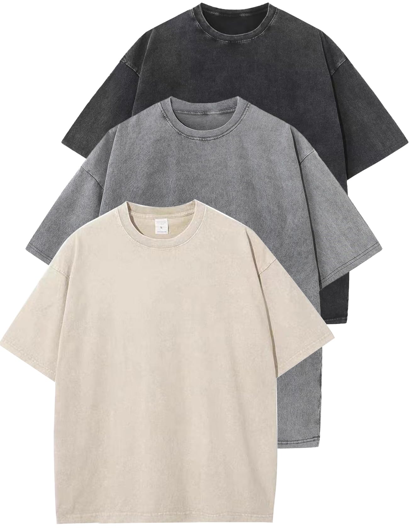 HOTFlygo 3 Pack Men Oversized T Shirts Acid Washed Unisex Tee Loose Fit Short Sleeve Casual Streetwear Baggy Basic Tops