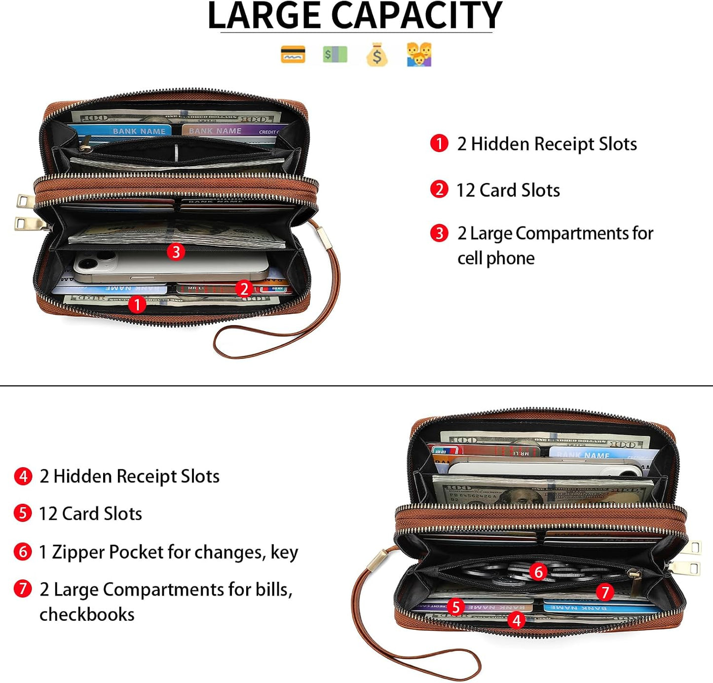 HOTSENDEFN Wallet for Women Leather Double Zipper RFID Blocking Card Holder, Large Capacity Clutch Wallet with Wristlet