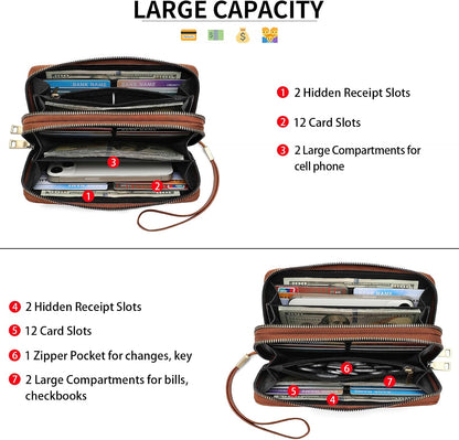 HOTSENDEFN Wallet for Women Leather Double Zipper RFID Blocking Card Holder, Large Capacity Clutch Wallet with Wristlet