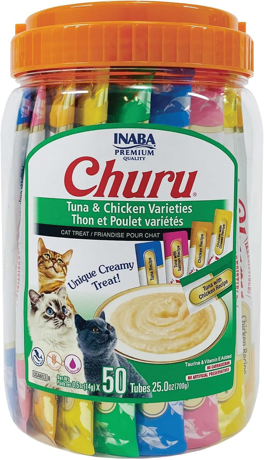 HOTINABA Churu Cat Treats, Lickable, Squeezable Creamy Purée Cat Treat with Green Tea Extract & Taurine, 0.5 Ounces Each Tube, 50 Tubes, Tuna & Chicken Variety