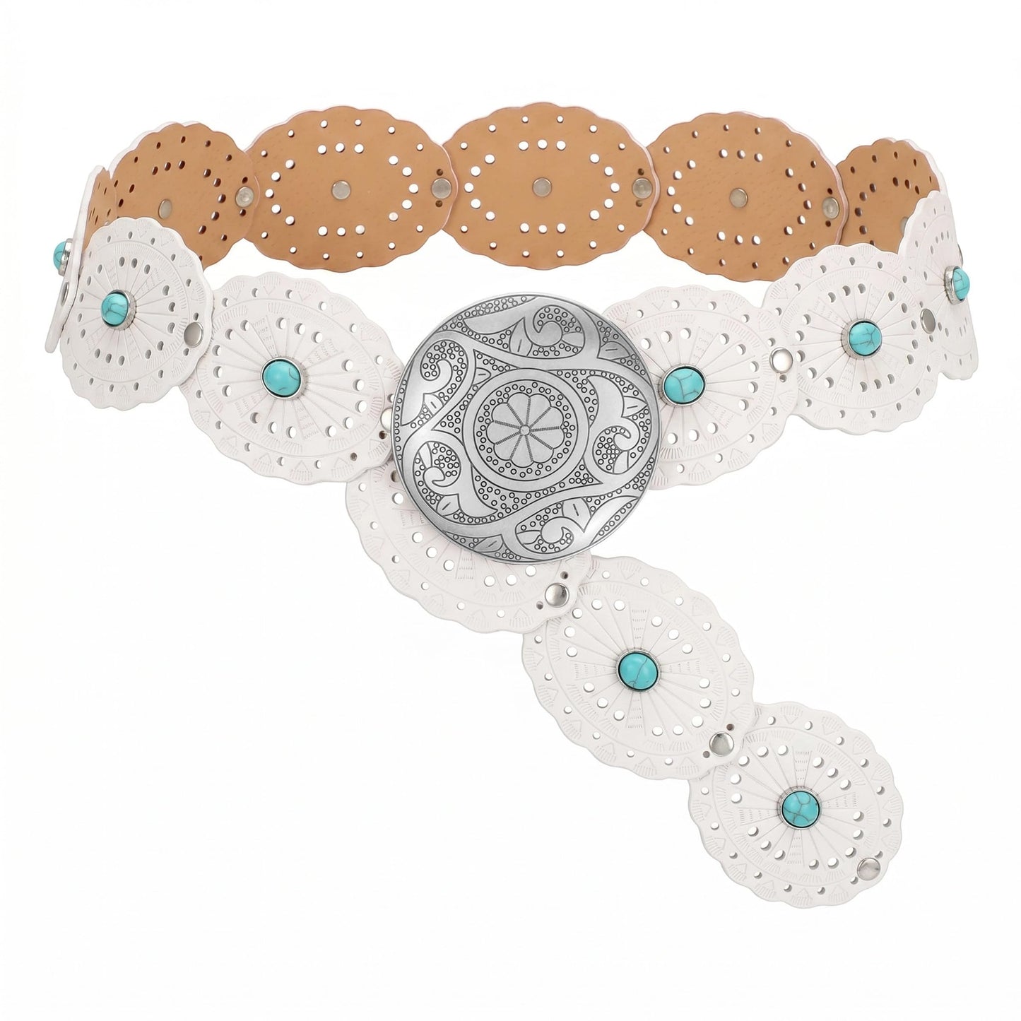 HOTSUOSDEY Wide Western Disc Belt with Turquoise Women Cowgirl Cowboy Boho Country Leather Belts for Jeans Dress, Width 2.36"