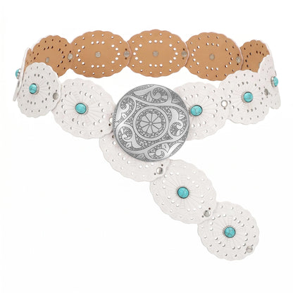 HOTSUOSDEY Wide Western Disc Belt with Turquoise Women Cowgirl Cowboy Boho Country Leather Belts for Jeans Dress, Width 2.36"