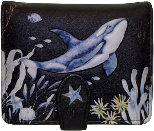 HOTShag Wear Orca Whale Small Beach Wallet for Women and Teen Girls Vegan Faux Leather Black 4.5"