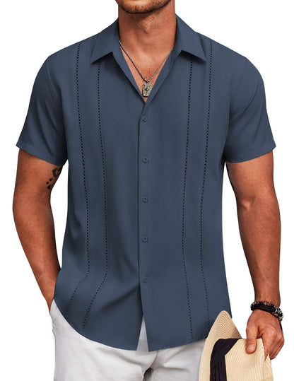 HOTCOOFANDY Mens Cuban Guayabera Shirt Short Sleeve Button Down Shirts Summer Beach Vacation Shirts