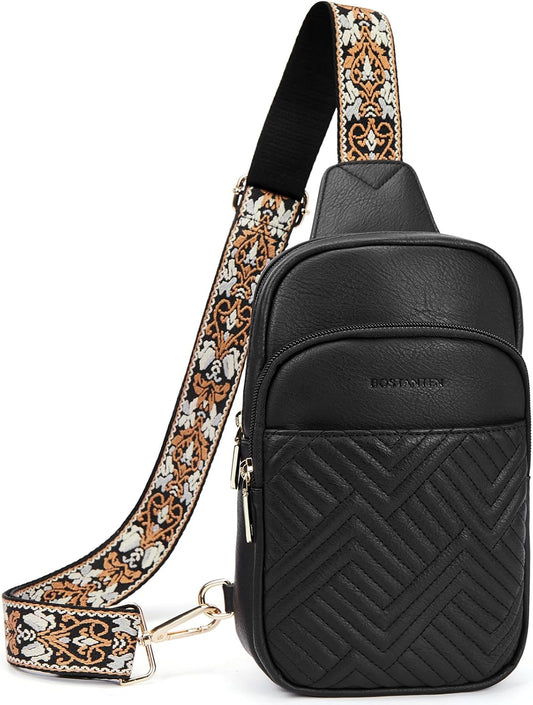 HOTBOSTANTEN Sling Bag Quilted Crossbody Bags for Women Cross Body Purse Leather Fanny Pack with Adjustable Guitar Strap