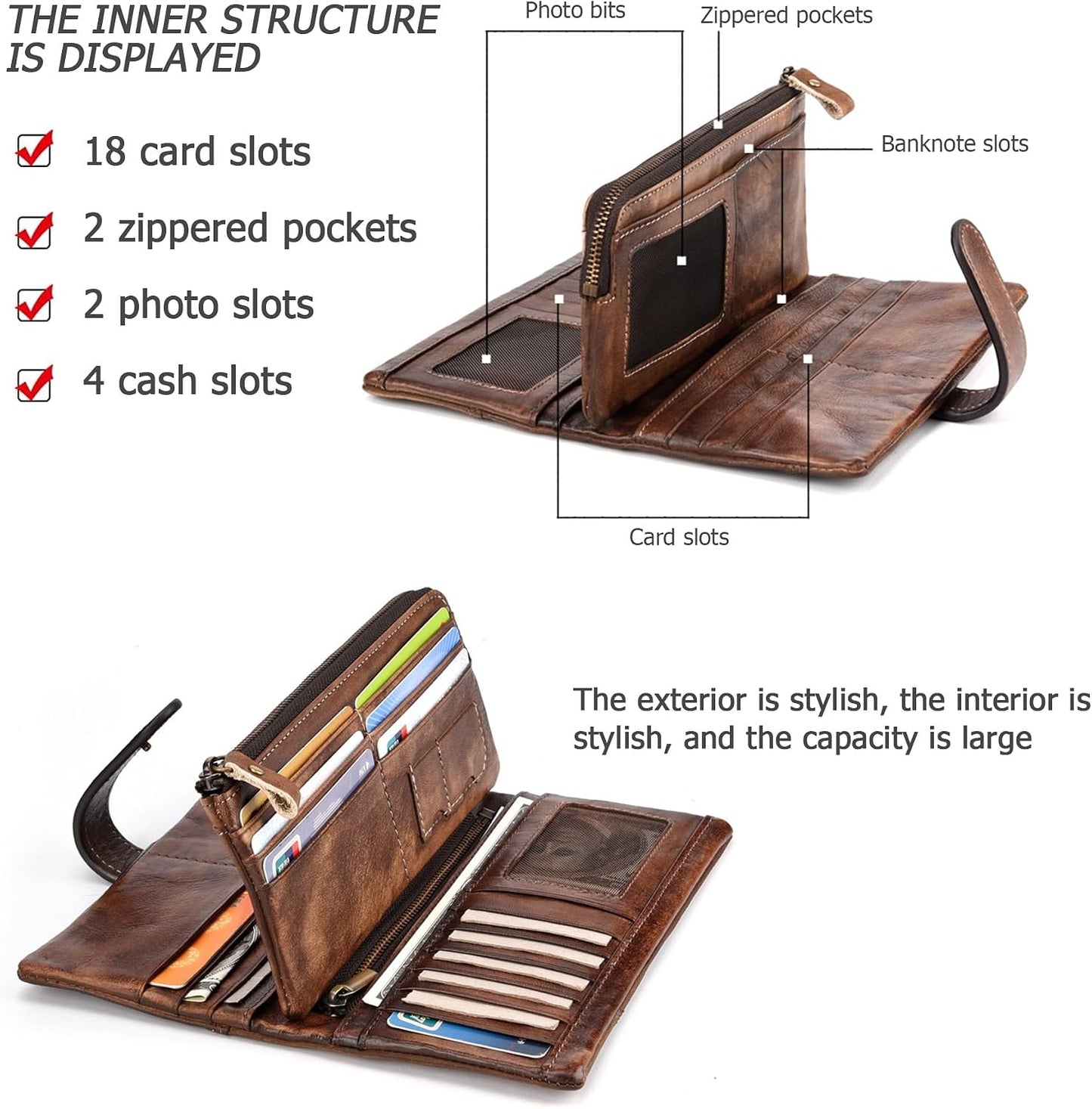 HOTKingTo Genuine Leather RFID Long Wallet for Women, Checkbook Card Holder | 18 card slots, ID windows, bill pockets and RFID blocking organize cash, cards, receipts and travel documents