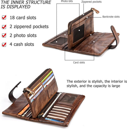 HOTKingTo Genuine Leather RFID Long Wallet for Women, Checkbook Card Holder | 18 card slots, ID windows, bill pockets and RFID blocking organize cash, cards, receipts and travel documents