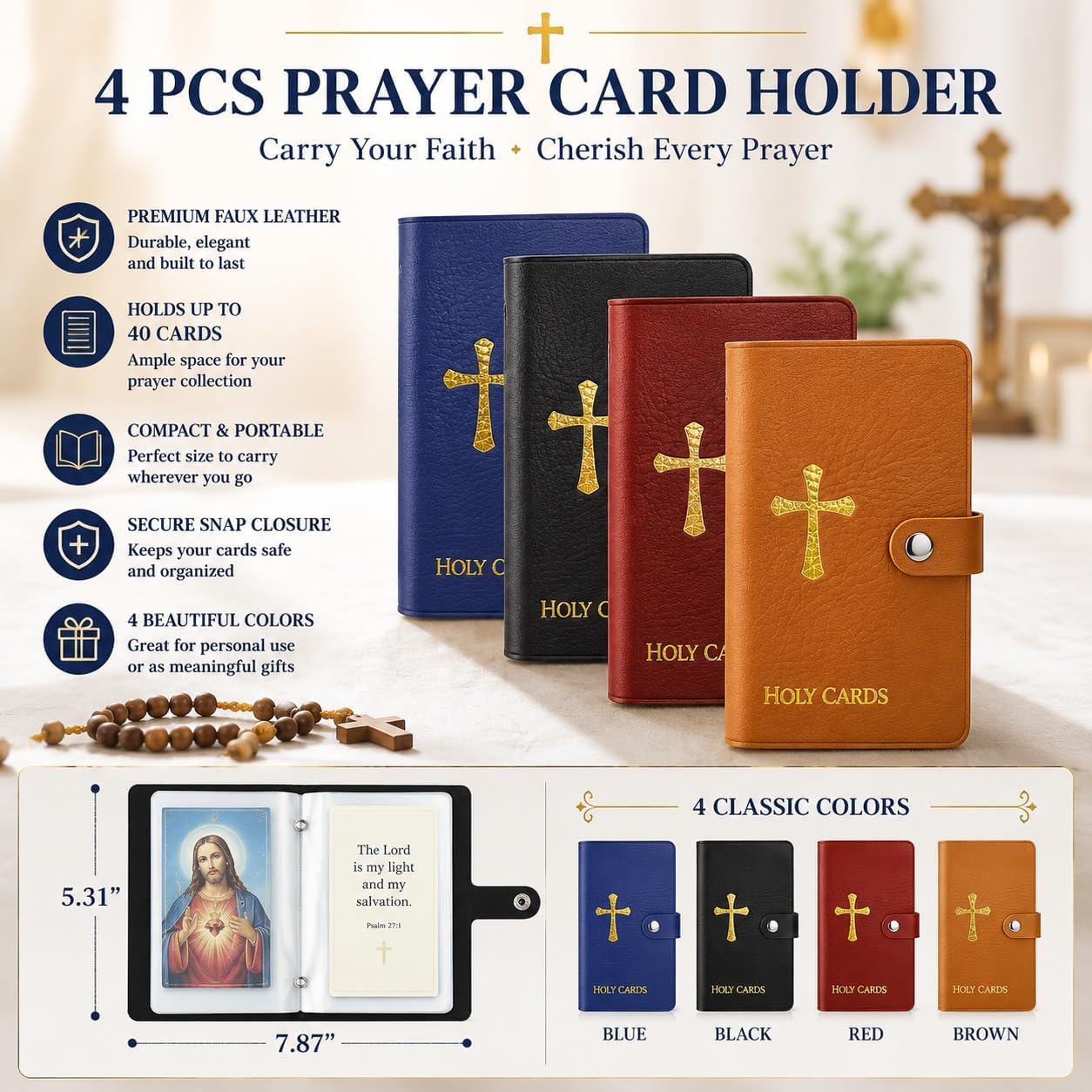 HOT4 Pcs Prayer Card Holder Carrying Each Case Hold To 40 Holy Card Holder Case Faux Leather With Snap Closure Holy Bag Organizer For Religious Prayer