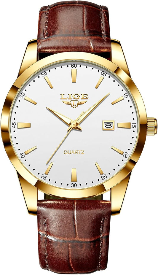 HOTLIGE Watches for Men Waterproof Analog Dress Vintage Chronograph Analog Casual Leather Stainless Steel Unique Quartz Movement Retro Luminous Elegant Men's Wrist Watch Date Display