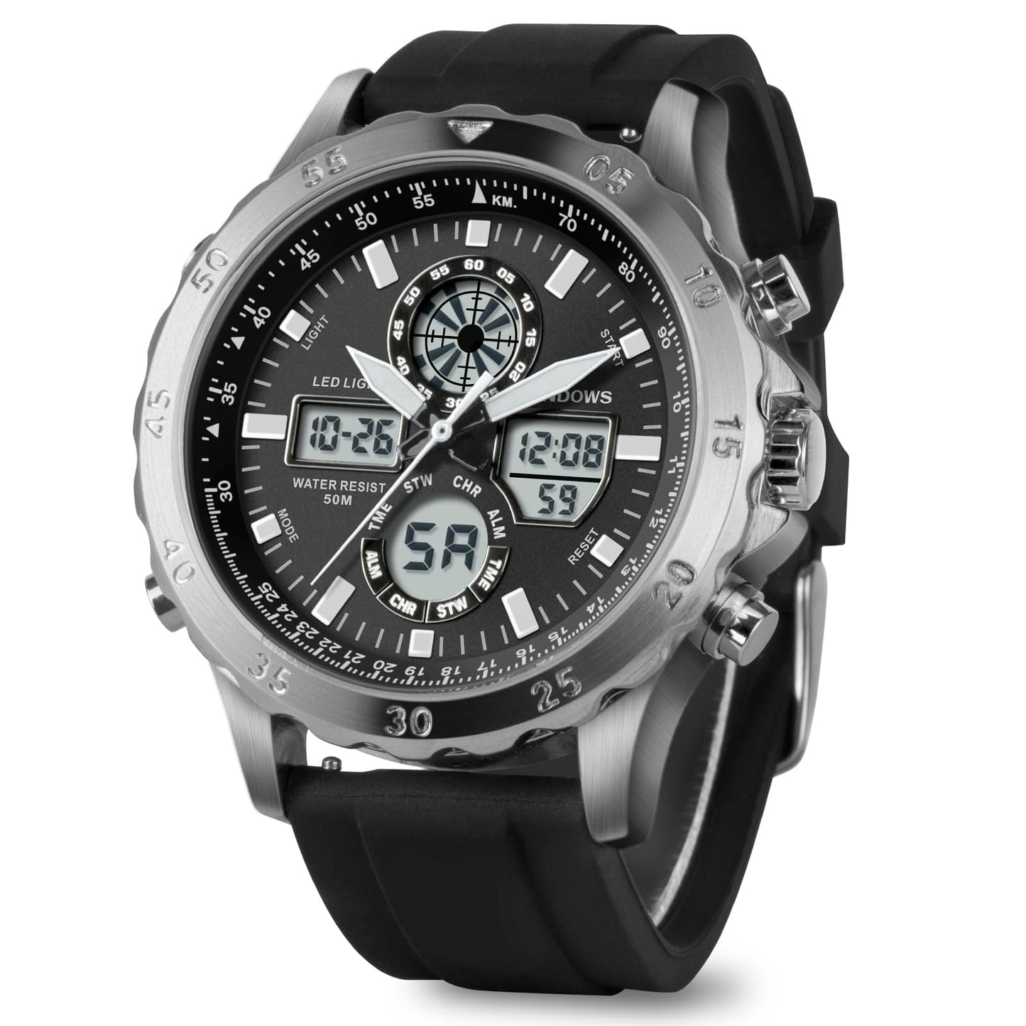 HOTPINDOWS Mens Digital Analog Watches, Multifunction Sport Casual | Dual time display, bright night backlight, daily alarm, precision stopwatch, and splash-proof construction