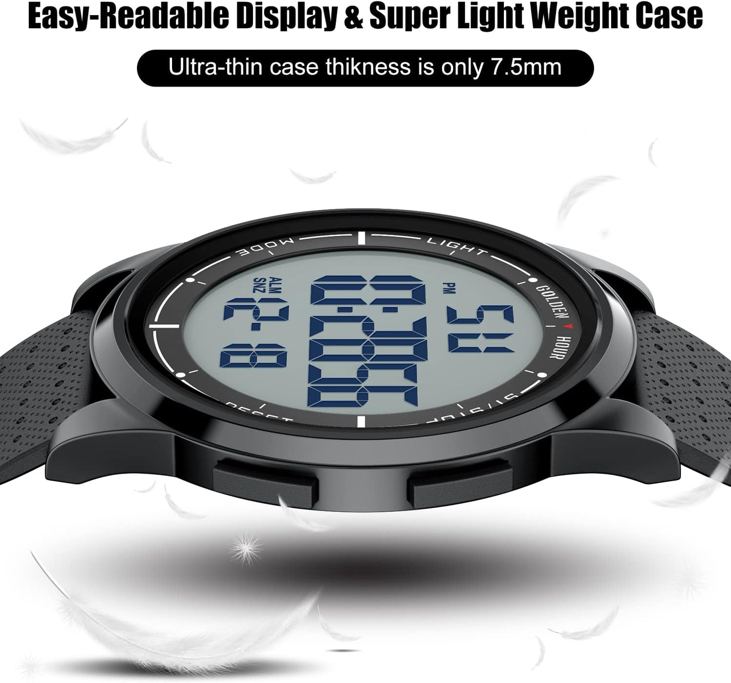HOTGOLDEN HOUR Ultra-Thin Minimalist Sports Waterproof Digital Watches Men with Wide-Angle Display Rubber Strap Wrist Watch for Men Women
