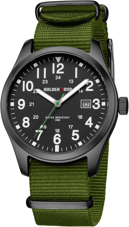 HOTGOLDEN HOUR Men's Nylon Slip-Thru Strap Watch with Military Time Easy Read Dial Glowing Hands