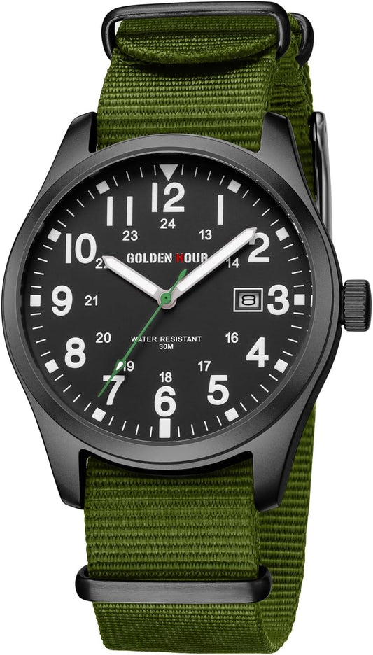 HOTGOLDEN HOUR Men's Nylon Slip-Thru Strap Watch with Military Time Easy Read Dial Glowing Hands