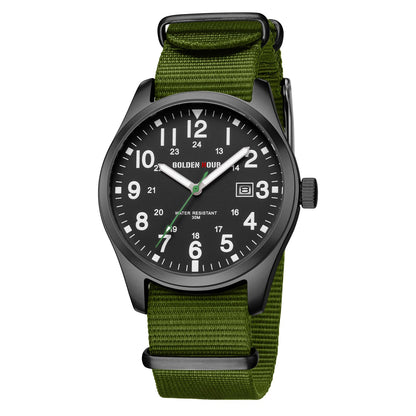 HOTGOLDEN HOUR Men's Nylon Slip-Thru Strap Watch with Military Time Easy Read Dial Glowing Hands
