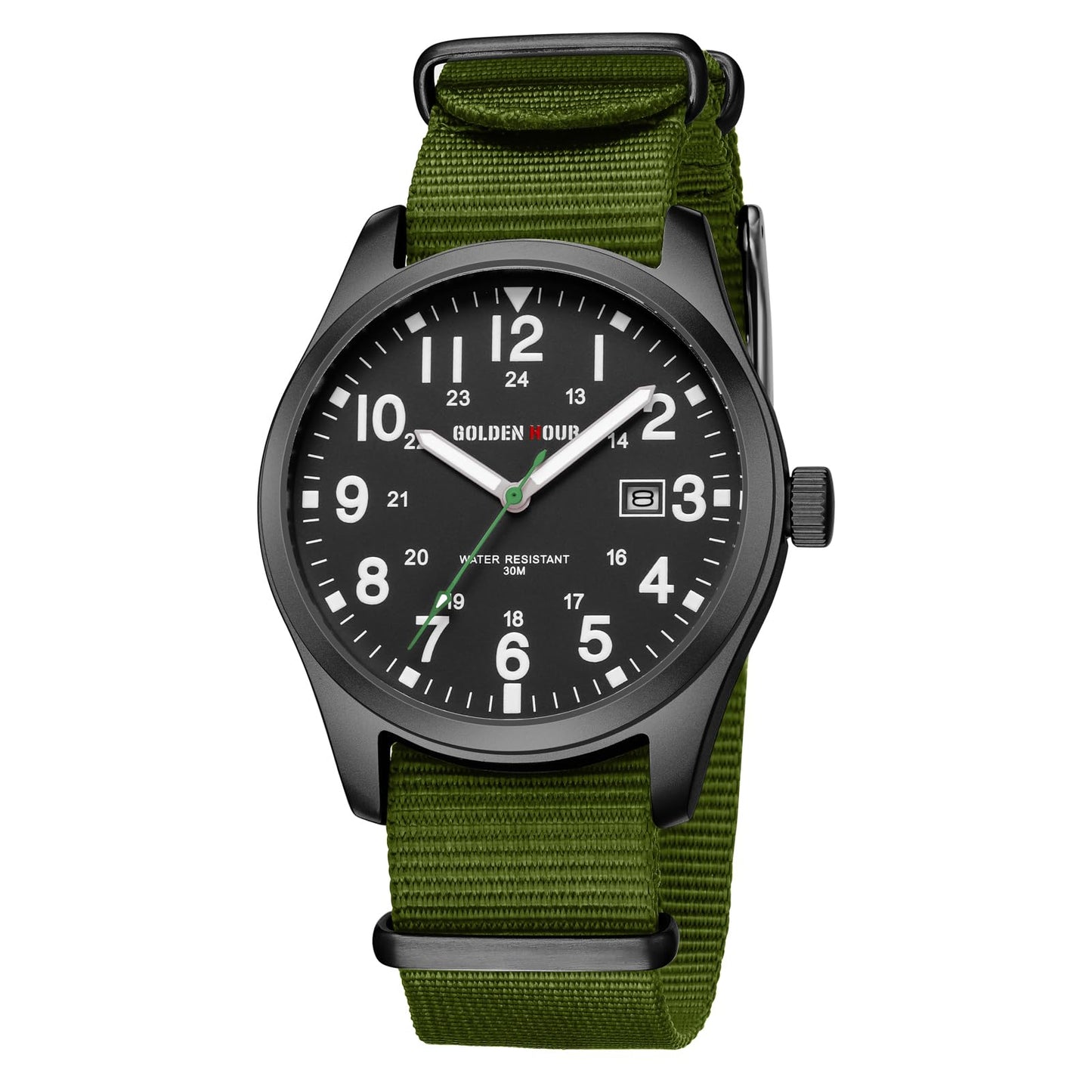 HOTGOLDEN HOUR Men's Nylon Slip-Thru Strap Watch with Military Time Easy Read Dial Glowing Hands