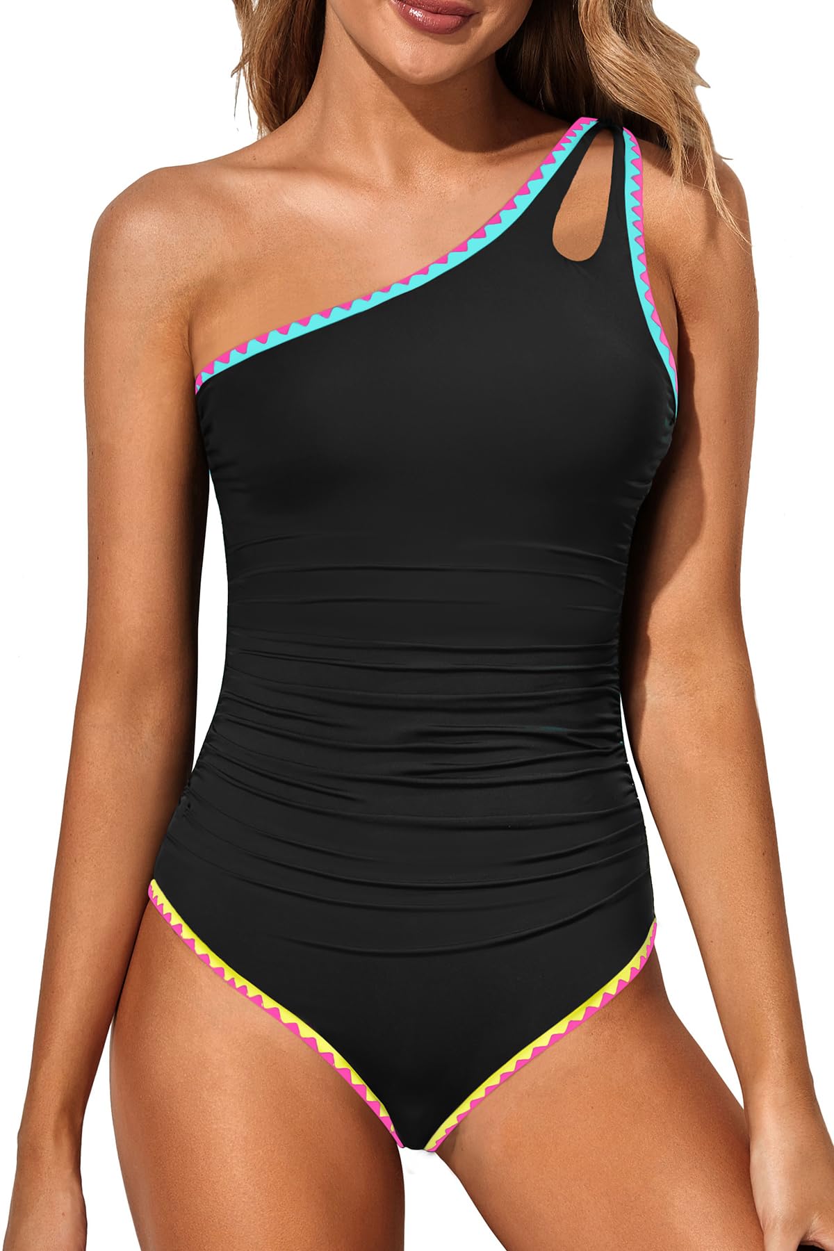 HOTWomen's One Shoulder One Piece Tummy Control Swimsuit Full Coverage | Keyhole Design, Full Coverage Fit, Modest Style, Ruched Waist, Adjustable Shoulder Strap, Removable Soft Cups