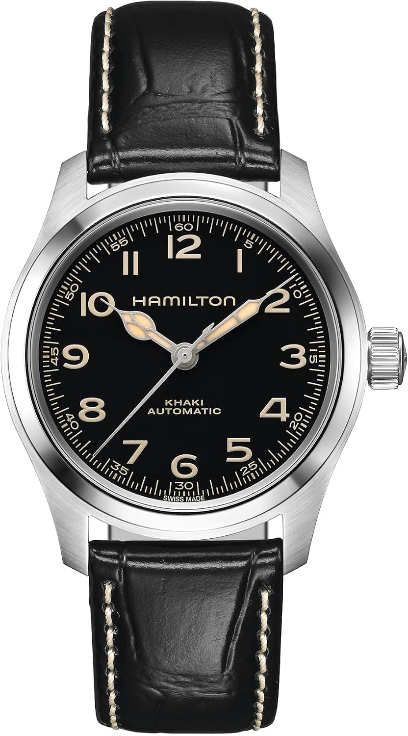 HOTHamilton Khaki Field Murph Automatic Men's Watch, 38mm Stainless Steel Case, Swiss Made, Black Dial Analog Wrist Watch for Men, 100m Waterproof, Sapphire Crystal, 3-Hand Movement, Cow Leather Strap