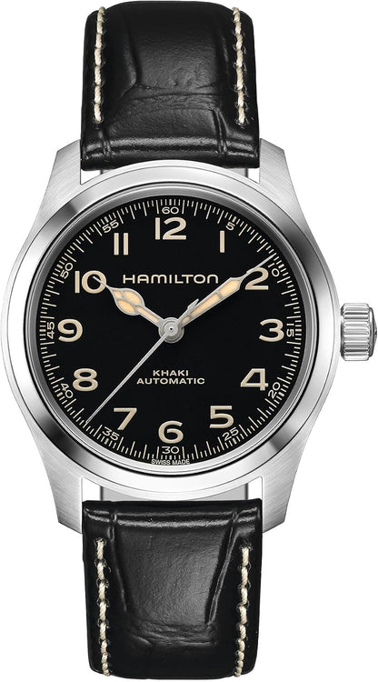HOTHamilton Khaki Field Murph Automatic Men's Watch, 38mm Stainless Steel Case, Swiss Made, Black Dial Analog Wrist Watch for Men, 100m Waterproof, Sapphire Crystal, 3-Hand Movement, Cow Leather Strap
