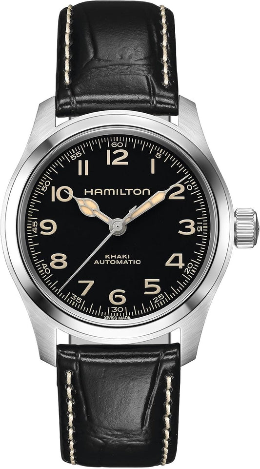 HOTHamilton Khaki Field Murph Automatic Men's Watch, 38mm Stainless Steel Case, Swiss Made, Black Dial Analog Wrist Watch for Men, 100m Waterproof, Sapphire Crystal, 3-Hand Movement, Cow Leather Strap