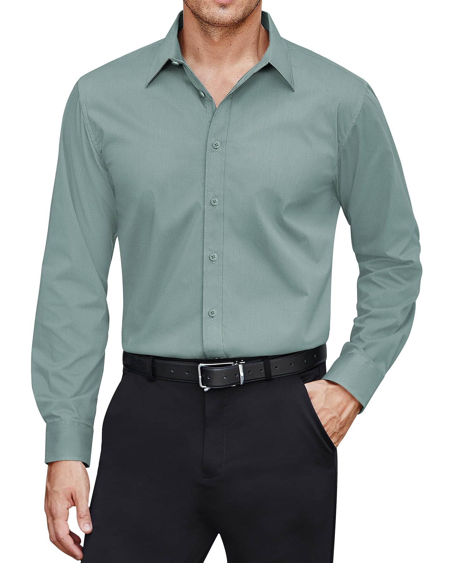 HOTJ.VER Men's Dress Shirts Stretch Stain Shield Long Sleeve Solid Formal Shirt Business Casual Button Down Shirts