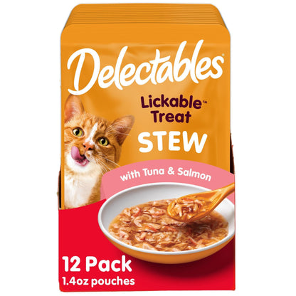 HOTDelectables Lickable Treat Stew Wet Cat Treat Variety Pack, Food Topper, Hydrating, Grain-Free, No Fillers, No By-Products, No Added Preservatives, 1.4oz Pouch, 12ct