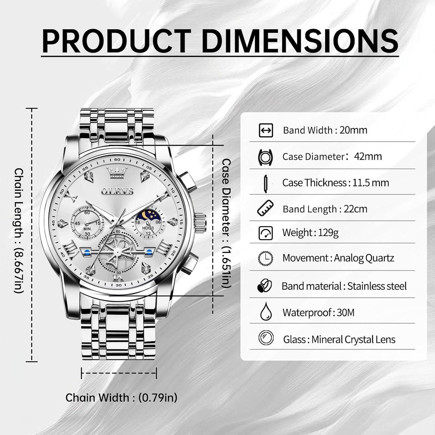HOTOLEVS Watches Men Stainless Steel Chronograph Watch Luxury Big Face Man Dress Watches Waterproof Roman Numeral Analog Quartz Men Wrist Watch Diamond Relojes para Hombre(Silver/Black/Gold/Red/Blue)