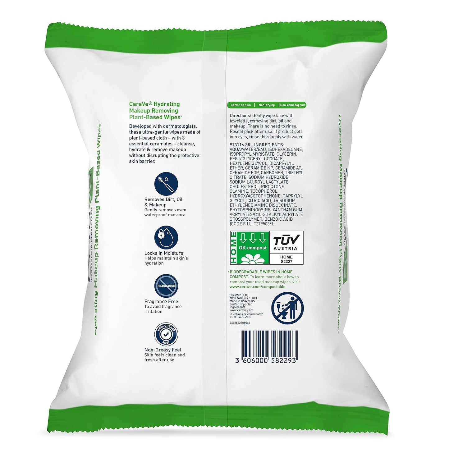 HOTCeraVe Makeup Remover Wipes, Plant Based Face Wipes, Biodegradable in Compost, Waterless Face Wash, Travel Essentials for Women, Suitable for Sensitive Skin, Fragrance-free + Non-comedogenic, 25ct