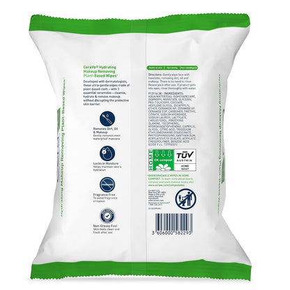 HOTCeraVe Makeup Remover Wipes, Plant Based Face Wipes, Biodegradable in Compost, Waterless Face Wash, Travel Essentials for Women, Suitable for Sensitive Skin, Fragrance-free + Non-comedogenic, 25ct