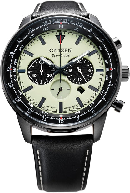 HOTCitzen Men's Eco-Drive Weekender Sport Casual, Black Stainless Steel Watch, Black Leather Strap, Chronograph (Model: CA4505-21X)