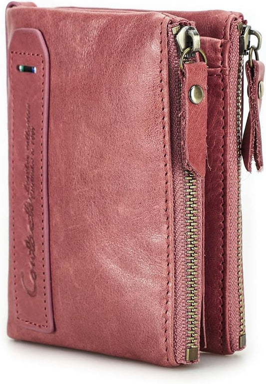 HOTCONTACTS Soft Leather Wallet for Women Small Bifold Coin Purse Double Zipper Card Holder with RFID Blocking (Rose Tan)