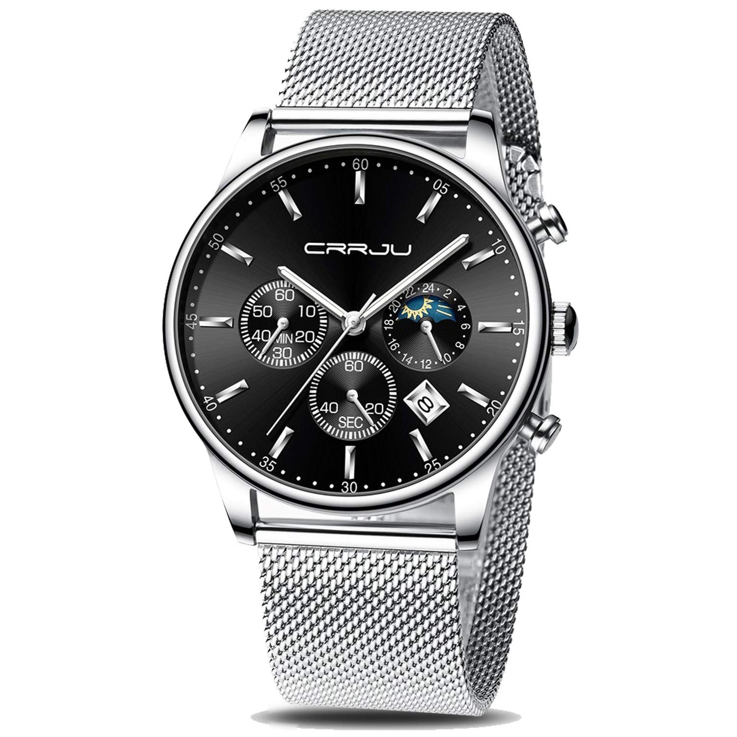 HOTCRRJU Men's Fashion Casual Watches Auto Date Chronograph Watch Men Nice Work Watches Waterproof 30M Full Steel Quartz with Mesh Strap