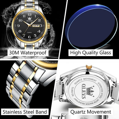 HOTOLEVS Men's Casual Stainless Steel Watch, Big Face Easy to Read Analog Quartz Watch with Day and Date, Classic Waterproof Diamond Roman Arabic Numeral Dial Dress Watch for Men, Gold Silver Black Band
