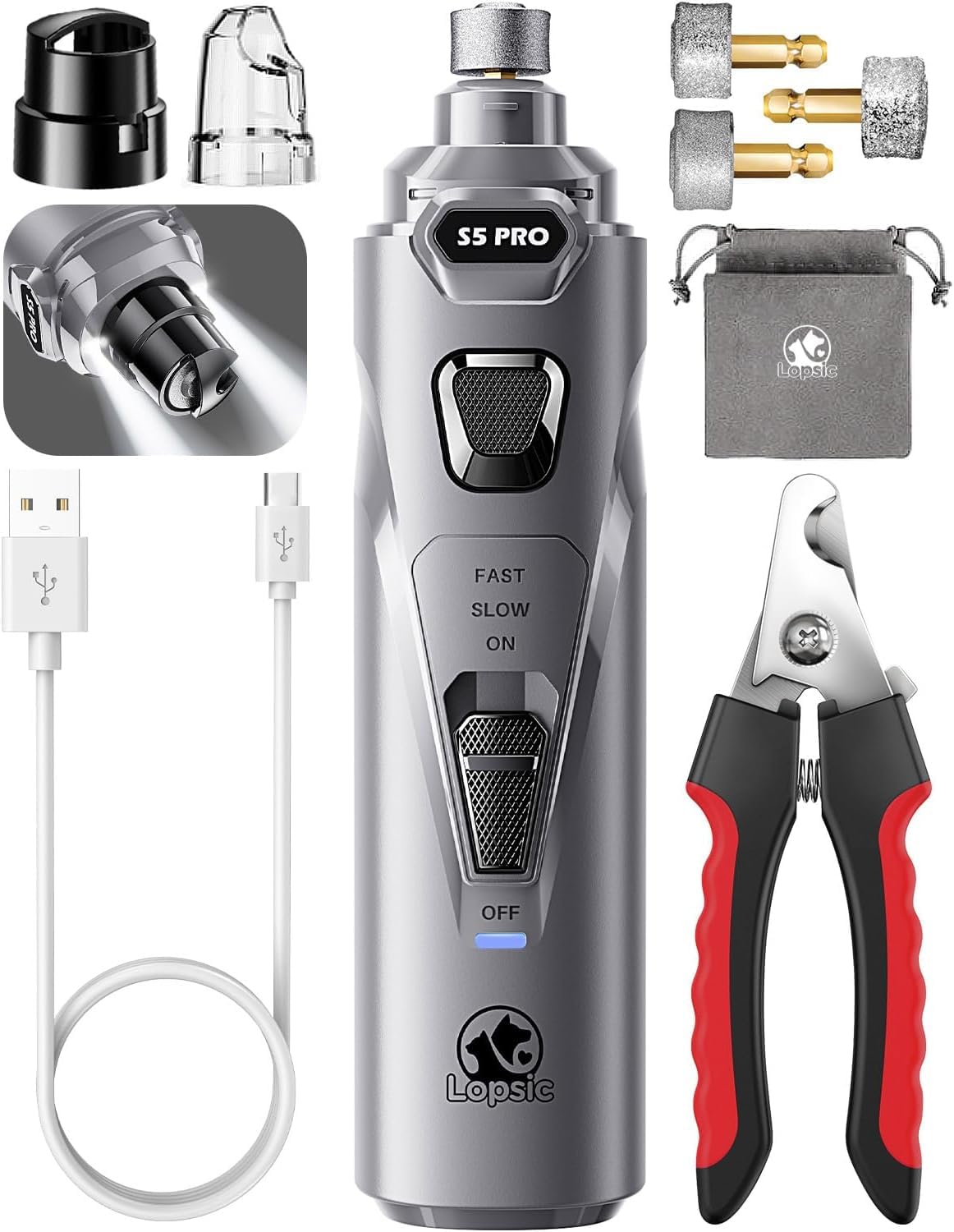 HOTWhisper Quiet Dog Nail Grinder Safe & Stress-Free for Sensitive Dogs Cats | 4 LED Lights,3 Grinding Bits, 3-Speed, Pet Nail Trimmers, Rechargeable Painless Grooming Kit for All Breeds & Sizes