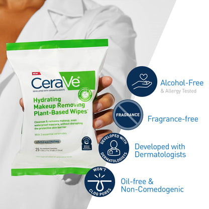 HOTCeraVe Makeup Remover Wipes, Plant Based Face Wipes, Biodegradable in Compost, Waterless Face Wash, Travel Essentials for Women, Suitable for Sensitive Skin, Fragrance-free + Non-comedogenic, 25ct