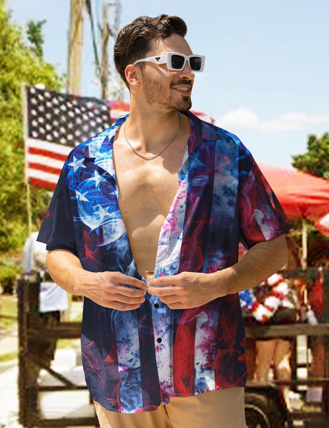 HOTYoimira 4th of July Shirts for Men,Patriotic Grunge Concept USA Flag Button-Down Casual Short Sleeve Hawaiian Shirts for Men