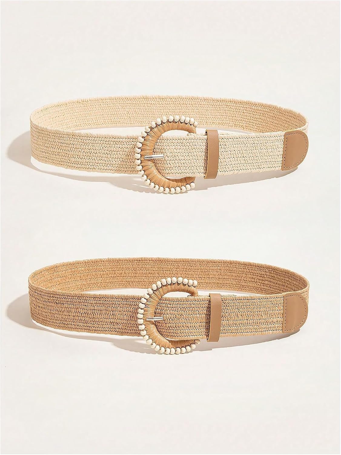 HOTGORGLITTER Women's 2 Pack Woven Belts Raffia Belts Boho Belt Stretchy Dress Belt