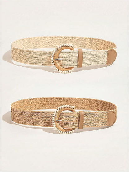 HOTGORGLITTER Women's 2 Pack Woven Belts Raffia Belts Boho Belt Stretchy Dress Belt