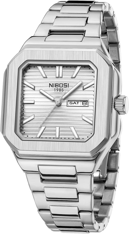 HOTNIBOSI Men Watches Analog Quartz Stainless Steel Silver Watches for Men Waterproof Business Classic Watch with Day and Date Display Wrist Watch for Work and Casual Wear