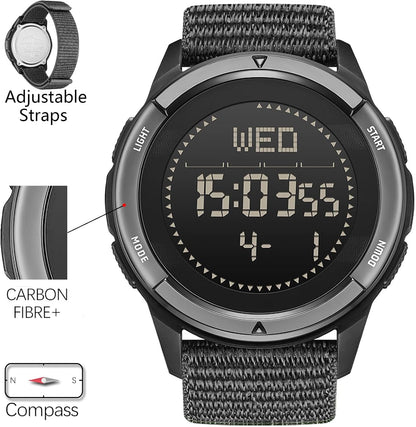 HOTDIDITIME Tactical Watches for Men, Military Watches for Men, Waterproof 164FT, Fitness Watch, Mens Digital Watches with Compass, Metronome, Pedometer, Lightweight Breathable Nylon Watch