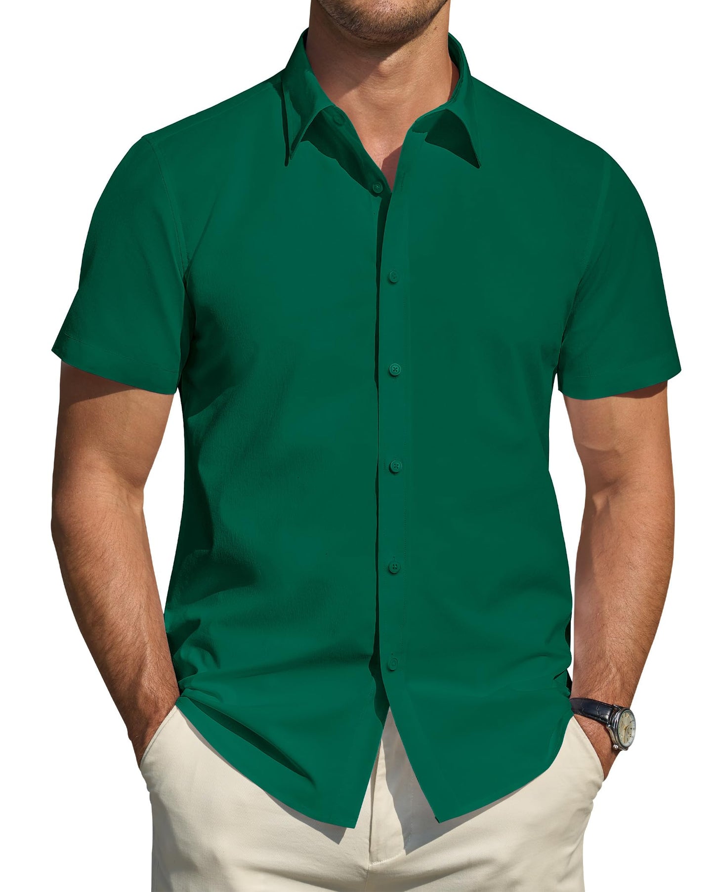 HOTJ.VER Men's Short Sleeve Dress Shirts Stretch Stain Shield Casual Button Down Shirts Solid Formal Shirt