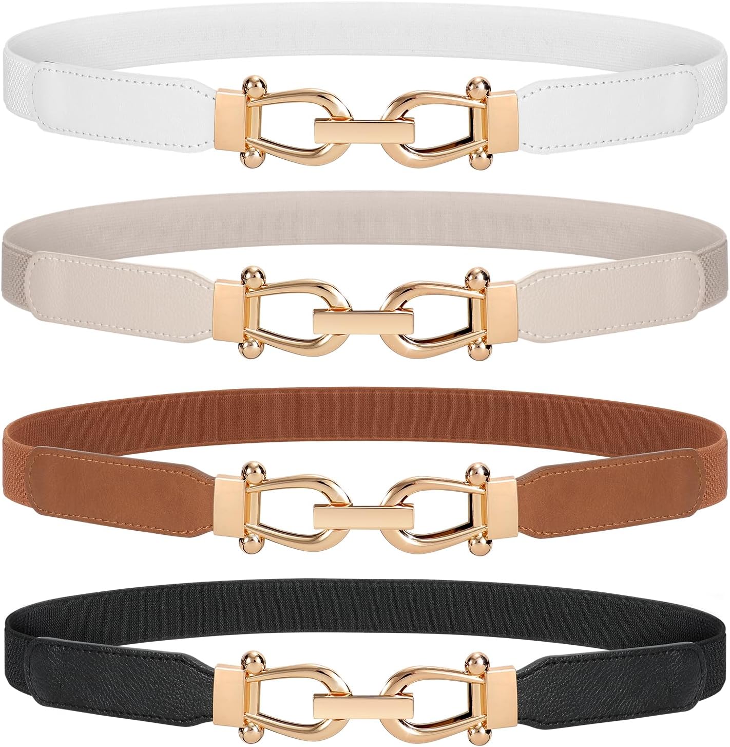 HOTWERFORU Women Skinny Belt for Dresses Retro Stretch Waist Belt with Gold Buckle Set of 4