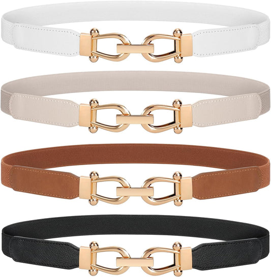 HOTWERFORU Women Skinny Belt for Dresses Retro Stretch Waist Belt with Gold Buckle Set of 4