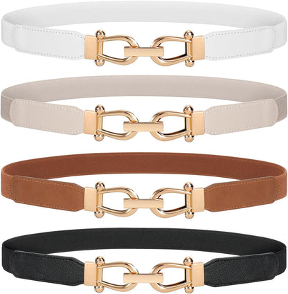 HOTWERFORU Women Skinny Belt for Dresses Retro Stretch Waist Belt with Gold Buckle Set of 4