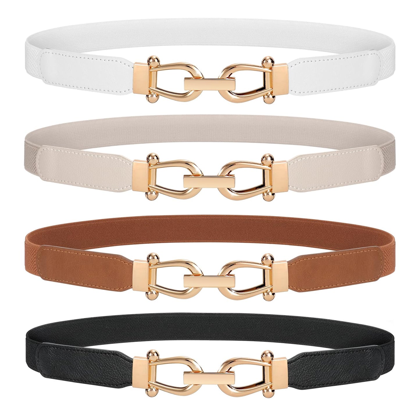 HOTWERFORU Women Skinny Belt for Dresses Retro Stretch Waist Belt with Gold Buckle Set of 4