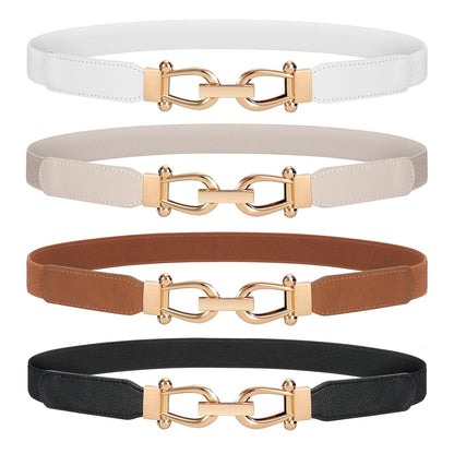 HOTWERFORU Women Skinny Belt for Dresses Retro Stretch Waist Belt with Gold Buckle Set of 4